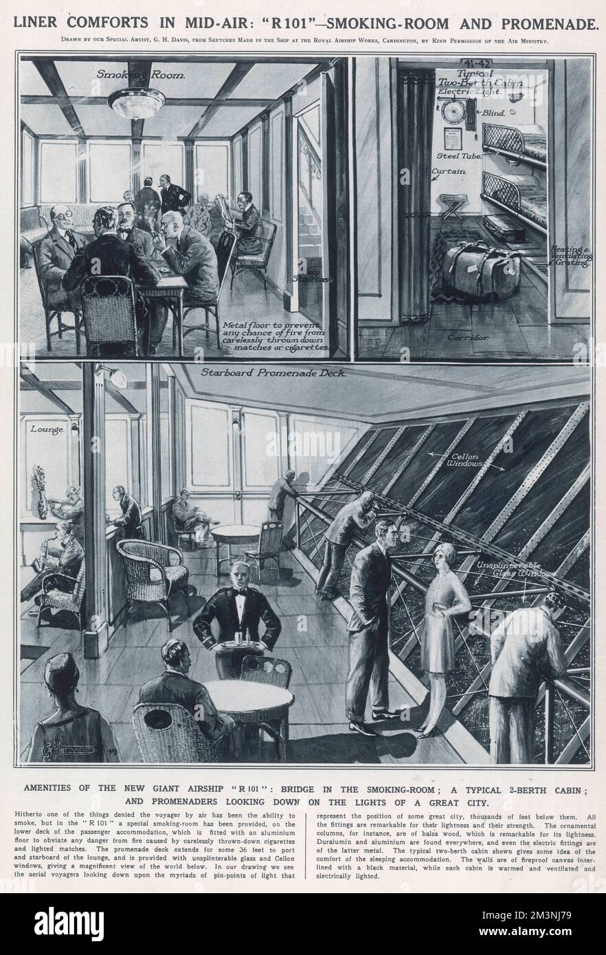 Amenities of the giant British airship R101, showing the smoking room, a typical two-berth cabin, and passengers looking down on the lights of a city from the starboard promenade deck. The Illustrated London News explains that 'a special smoking room has been provided...which is fitted with an aluminium floor to obviate any danger from fire caused by carelessly thrown-down cigarettes and lighted matches.' The fireproofing didn't stop the R101 crashing in the early hours of 5th October 1930 on its maiden voyage and bursting into flames, with the eventual loss of 48 of 54 lives on board.  192 Stock Photo