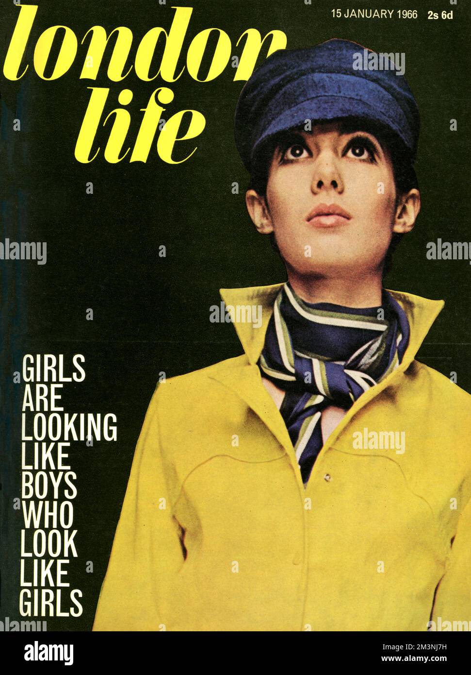 Front cover of London Life magazine, the cool but short-lived magazine which epitomised the spirit of swinging sixties London, featuring a model dressed in a masculine bright yellow shirt with a Dutch style cap and artfully knotted scarf.     Date: 1966 Stock Photo