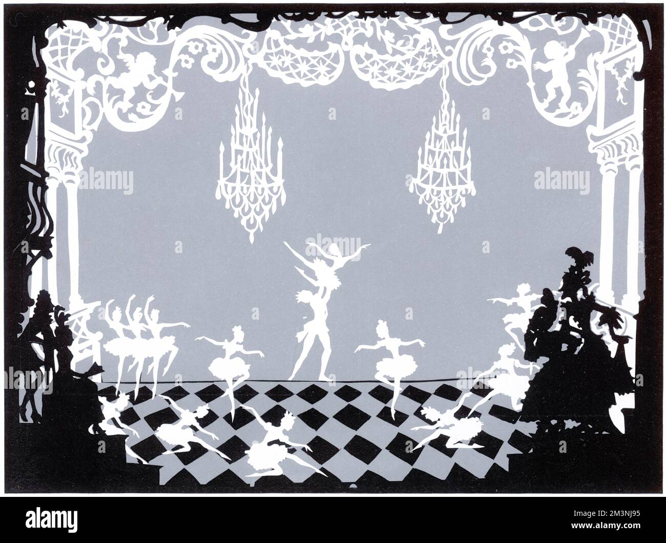 The Ugly Sisters watch with jealousy as Cinderella (in disguise) dances with Prince Charming at the ball.  A scene from a ballet version of Cinderella, based on French and Spanish fairytales.  One version, with music by Prokofiev, was first performed by Sadler's Wells Ballet in 1948.       Date: 1960 Stock Photo