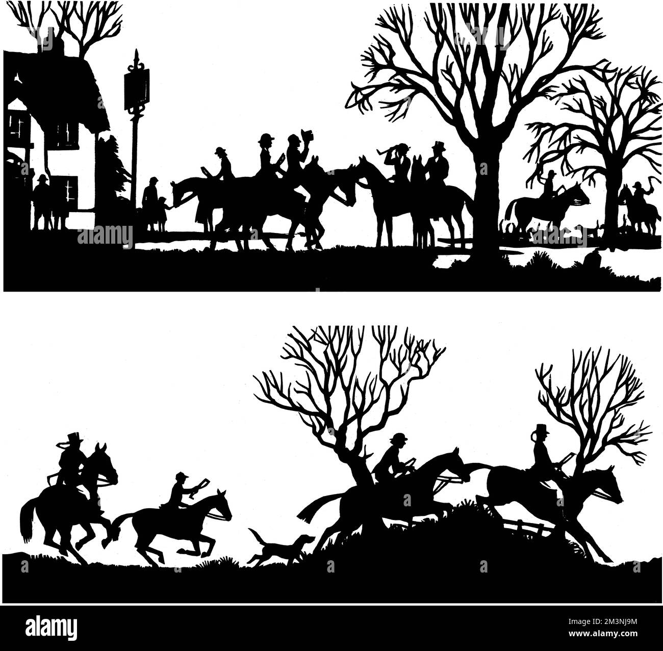 Two silhouettes cut by H. L. Oakley showing scenes from a hunt.  The first shows the hunt meeting at a village pub, while the second shows them at full stretch galloping across countryside and jumping fences.     Date: 1950 Stock Photo