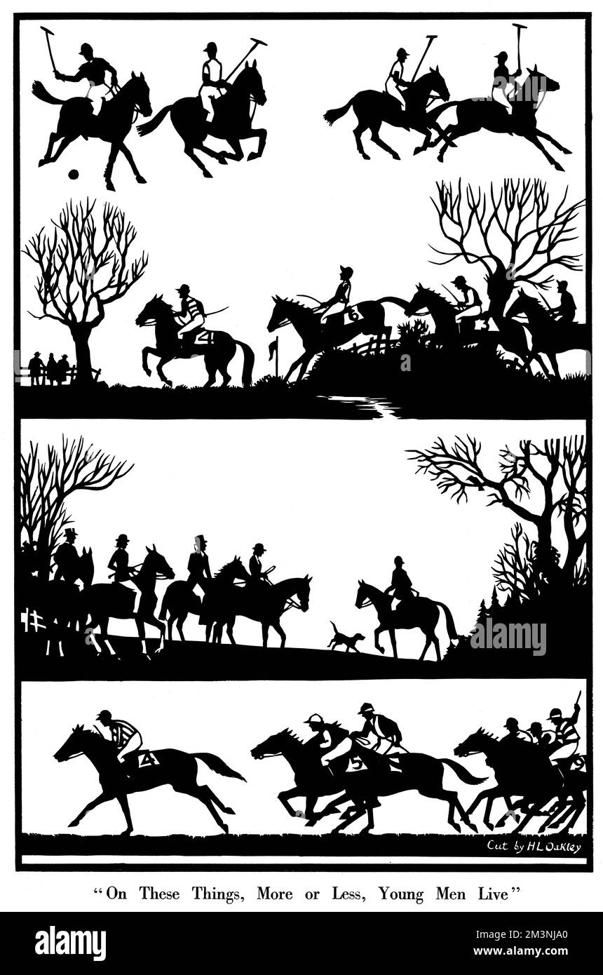 Full title - 'On These Things, More or Less, Young Men Live', a quote by Charles Kingsley, who was a keen sporting parson.  A silhouette illustration by H. L. Oakley showing various pursuits on horseback including polo, fox hunting, flat racing and point to point racing.     Date: 1955 Stock Photo