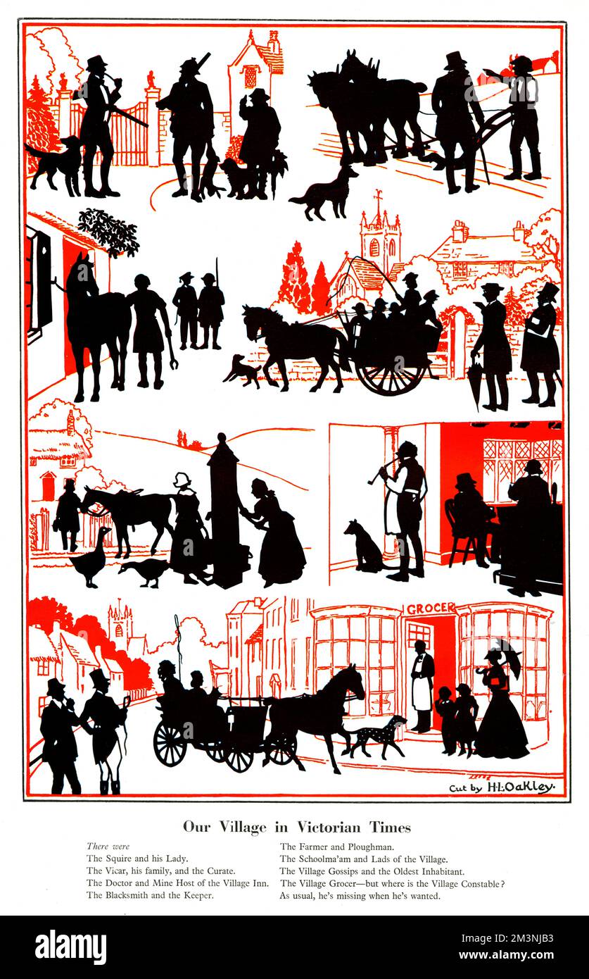 A series of silhouettes by H. L. Oakley depicting scenes of village life during the Victorian era.  Cut outs include the squire, gamekeepers, farm workers, the blacksmith, the vicar, the local hostelry, water pump and the village high street with a grocery shop.     Date: 1948 Stock Photo