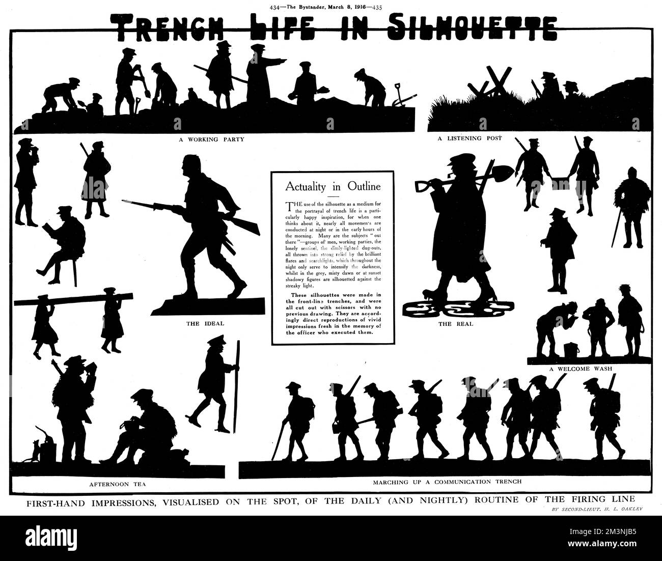 First hand impressions, visualised on the spot of the daily and nightly routine of the firing line on the Western Front during World War I.  Silhouettes cut by Second Lieutenant H. L. Oakley, the 'man with the magic scissors' who had a long career as a silhouette artists and cut the portraits of many famous people and royalty.  This appears to be Oakley's first silhouette published in The Bystander.  He would make many more contributions during the war, and in other ILN publications such as Holly Leaves in the 1940s and 50s.     Date: 1916 Stock Photo