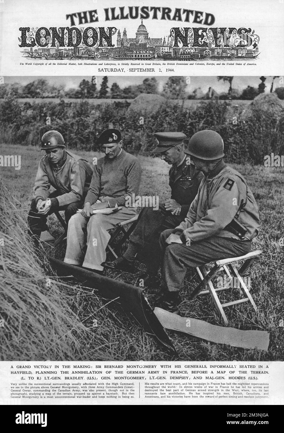 A grand victory in the making: Sir Bernard Montgomery with his generals, informally seated in a hayfield, planning the annihilation of the German army in France, before a map of the terrain. Left to right: Lt.-Gen. Bradley (U.S.), Gen. Montgomery, Lt.-Gen. Dempsey, and Maj.-Gen. Hodges (U.S).     Date: 1944 Stock Photo