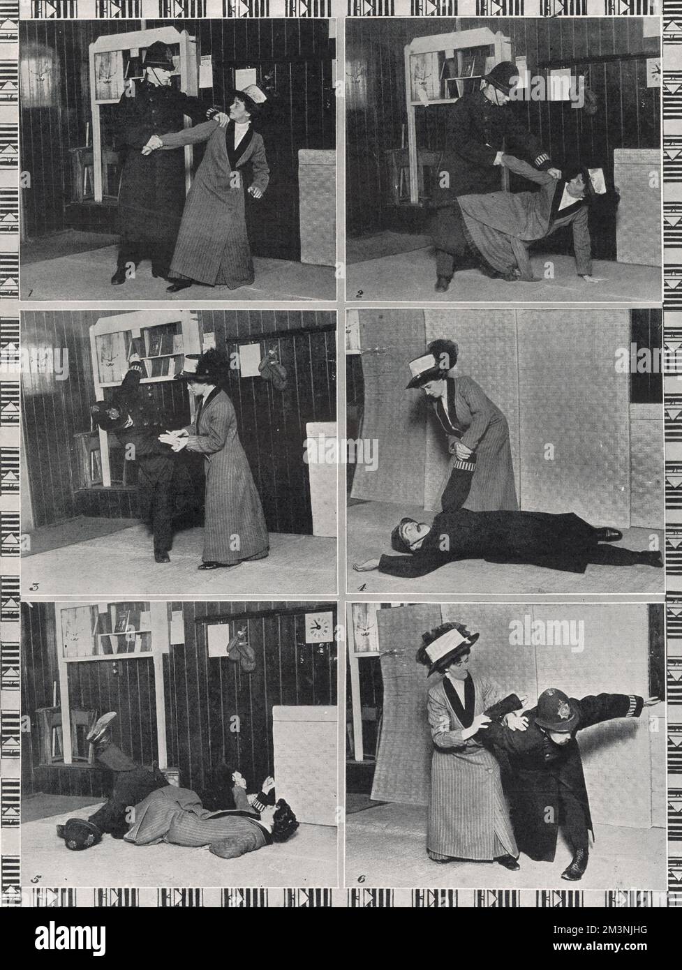 If you want to earn some time throw a policeman! The Ju-Jitsu suffragette shows how a policeman may be tackled. Mrs Garrud, the well-known suffragette, who is only four foot ten but skilled in the art of Japanese wrestling, disposes of a policeman.  1. the policeman attempts to arrest the suffragette  2. and the suffragette promptly forms the scissors  3. a hand-lock from a punch  4. the policeman is kept down by an arm-lock across the knee  5. the policeman is thrown, after the scissors  6. putting a lock on the policeman     Date: 1910 Stock Photo