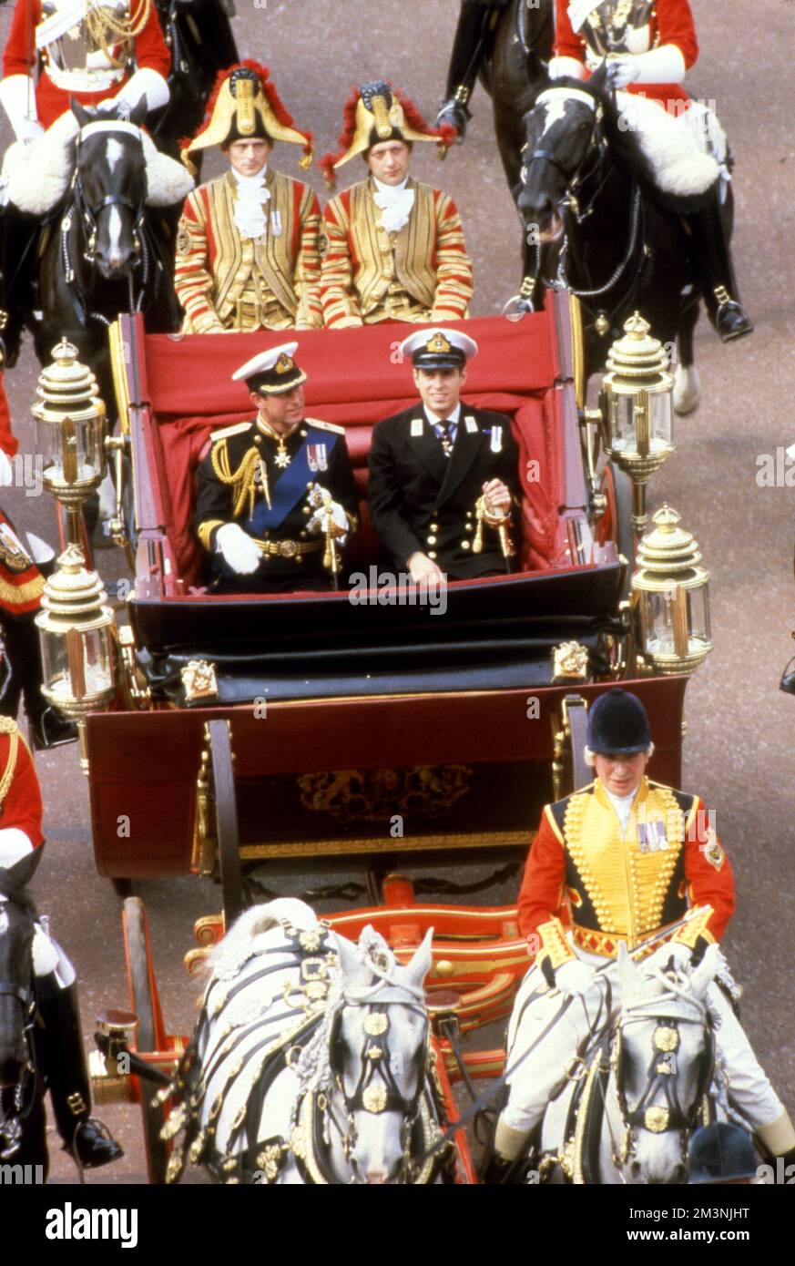 Prince Charles and his brother, Prince Andrew on their way to St. Paul's Cathedral in the City of London for Charles's marriage to Lady Diana Spencer on 29th July 1981.      Date: 1981 Stock Photo