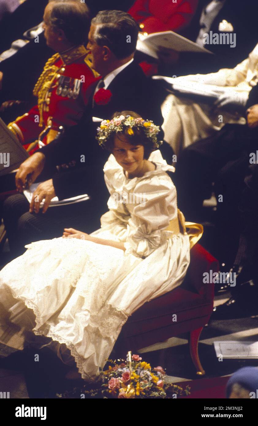 13 year old India Hicks, maternal grandaughter of Lord Mountbatten, as bridesmaid at the wedding of Prince Charles and Lady Diana Spencer in St Paul's Cathedral on 29 July 1981.     Date: 1981 Stock Photo