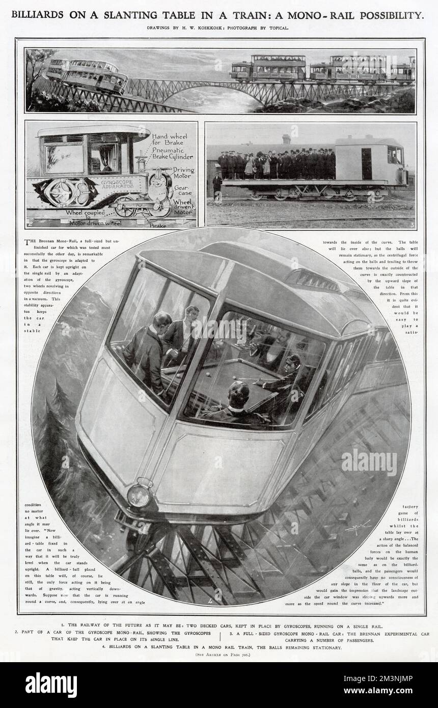 Inventor of the Gyroscopic monorail system Louis Brennan gave a demonstration of the capabilities of the rail of the future at the grounds of the Torpedo Factory at Gillingham, near Chatham. Each car kept upright on a single rail by an adaptation of the gyroscope, two wheels revolving in opposite directions in a vacuum. Stock Photo