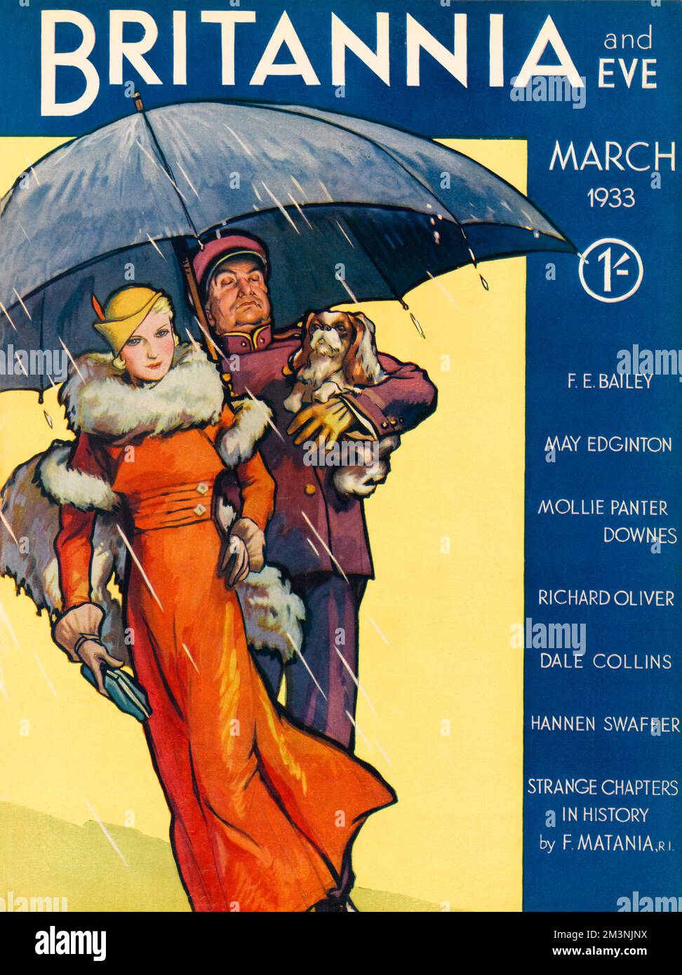 Front cover illustration featuring an extremely glamorous lady wearing a bright orange coat with fur trims, a yellow hat with orange feather and holding a blue clutch bag. Her porter, decked out in a purple suit with matching cap, shields her from the rain and carries her pet pooch.     Date: 1933 Stock Photo
