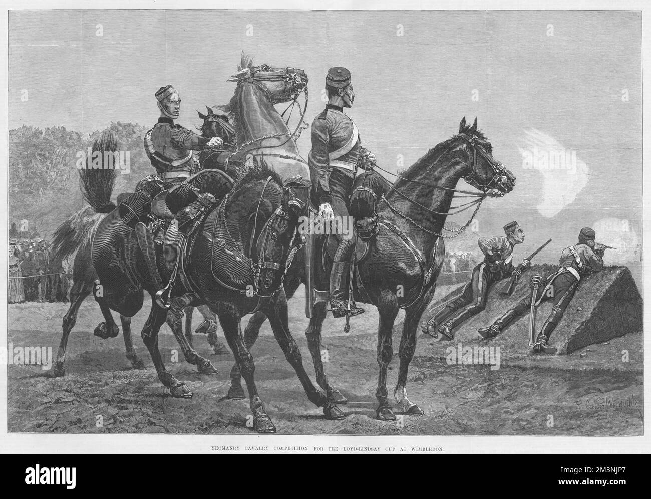 Manoeuvres of the squads of yeomanry cavalry engaged in the competition for the Loyd Lindsay prize at Wimbledon; they have to ride, four together, two of them dismount, and fire while the horses are held by their comrades.     Date: 1886 Stock Photo
