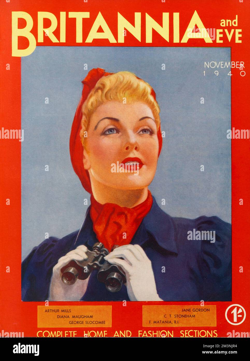 Front cover illustration featuring an attractive and well turned-out 1940s model wearing a red headscarf and holding a pair of binoculars.     Date: 1940 Stock Photo