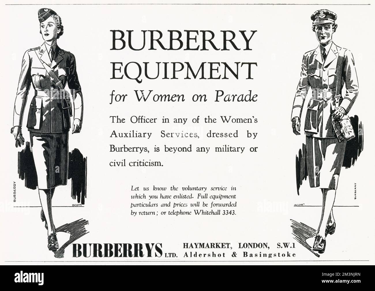 During the Second World War Burberry supplied the British Army with a range of military clothing and accessories.  Advertisement for a range of Auxiliary Service equipment for women      Date: 1941 Stock Photo