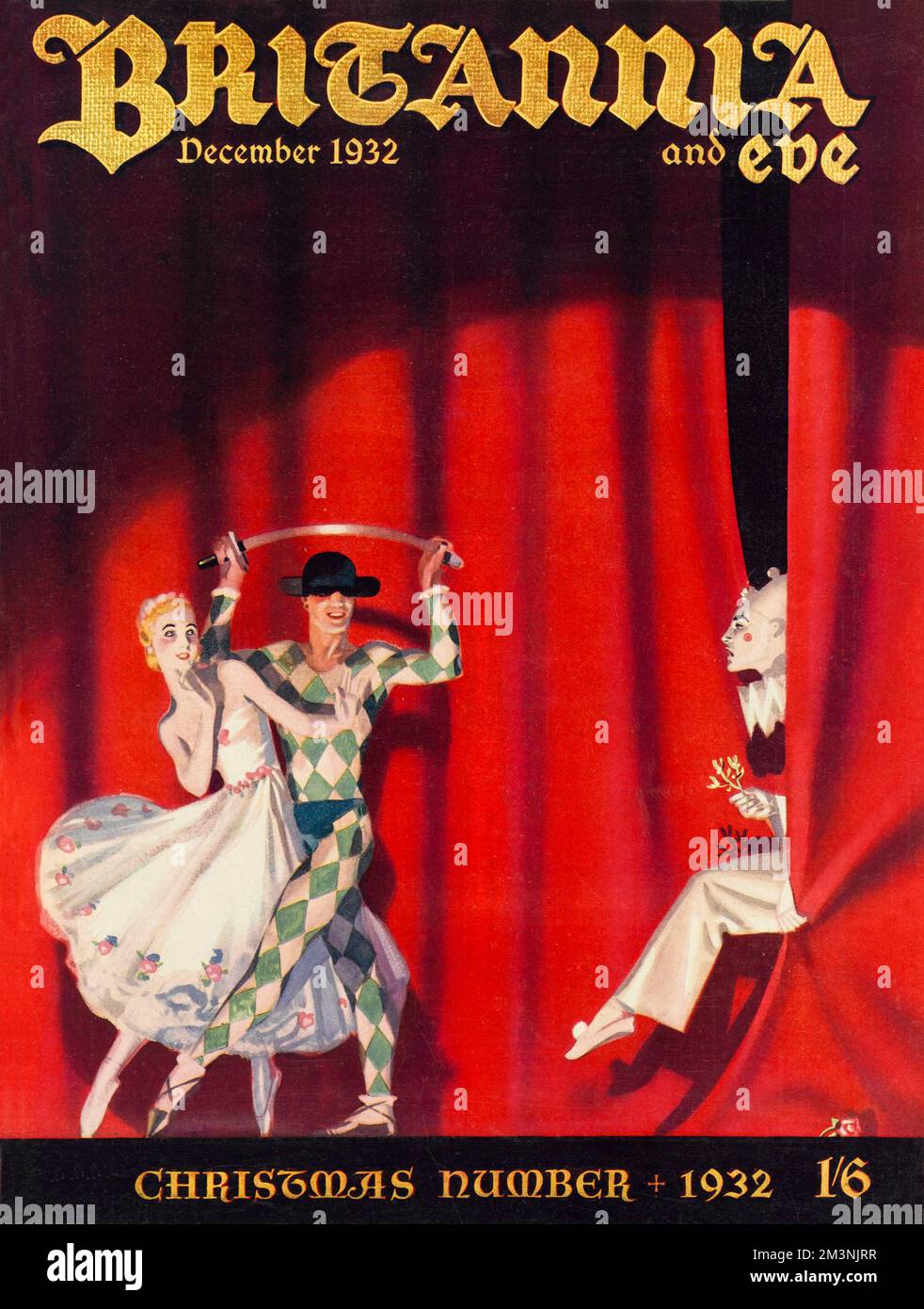 Front cover illustration featuring a ballerina, harlequin and clown performing a rather dramatic scene with a sword on stage. The harlequin protects the helpless princess ballerina from the advances of the clown, who steps out menacingly from the red theatre curtains.     Date: 1932 Stock Photo