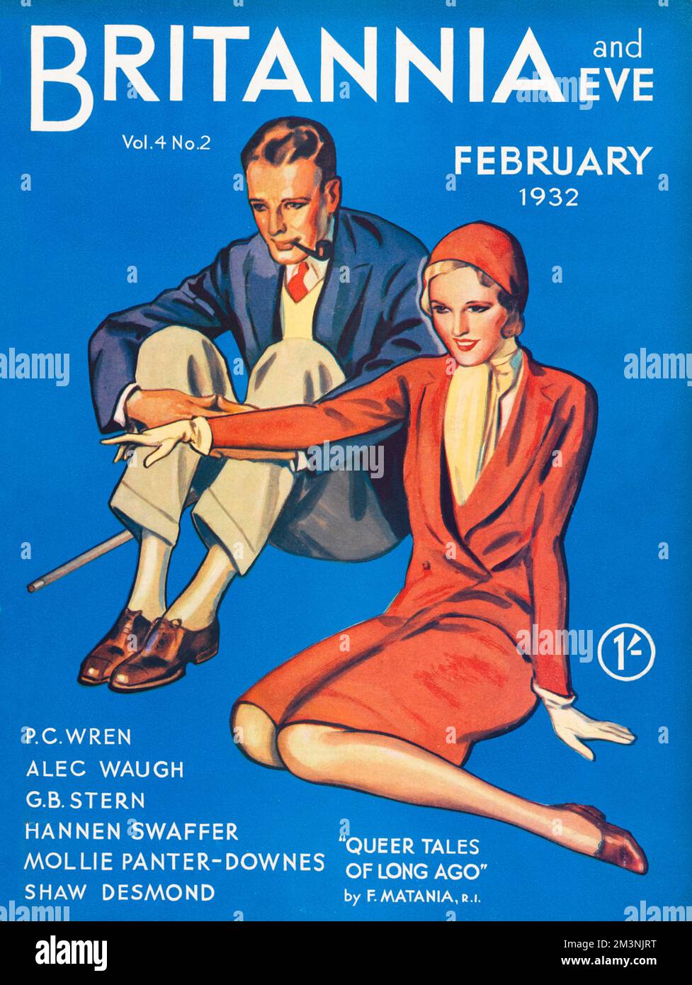 Front cover of Britannia and Eve magazine featuring a typical 1930s couple seated on the ground, looking like spectators at a sporting event.  She is in a chic red suit with matching hat.  He is dapper with walking cane and pipe.     Date: 1932 Stock Photo