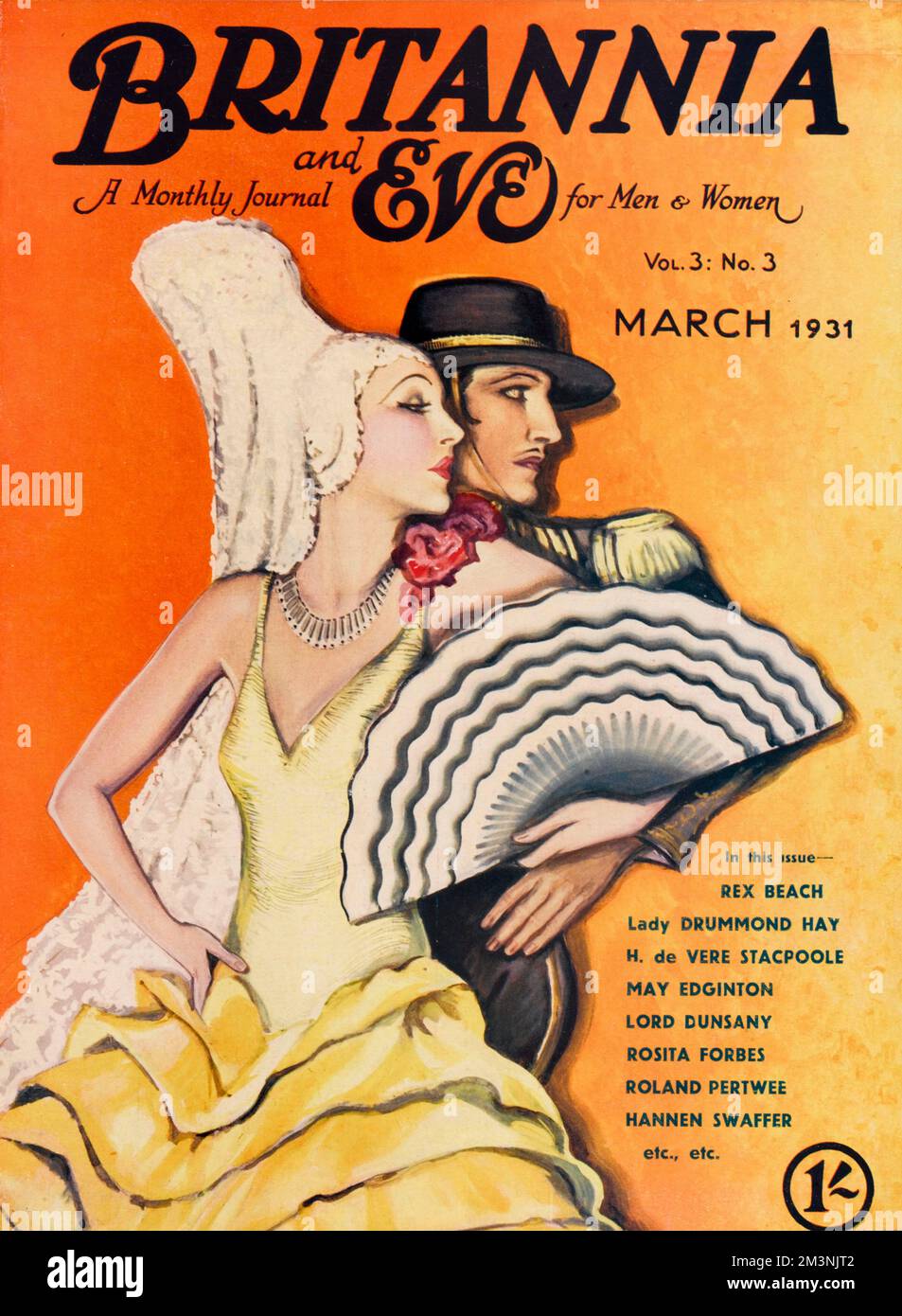 Front cover featuring an elegant couple performing the Flamenco. The beautifully poised woman wears a yellow Bata de cola dress with frills and an enormous white headdress, and holds an ornate fan for dramatic effect.     Date: 1931 Stock Photo