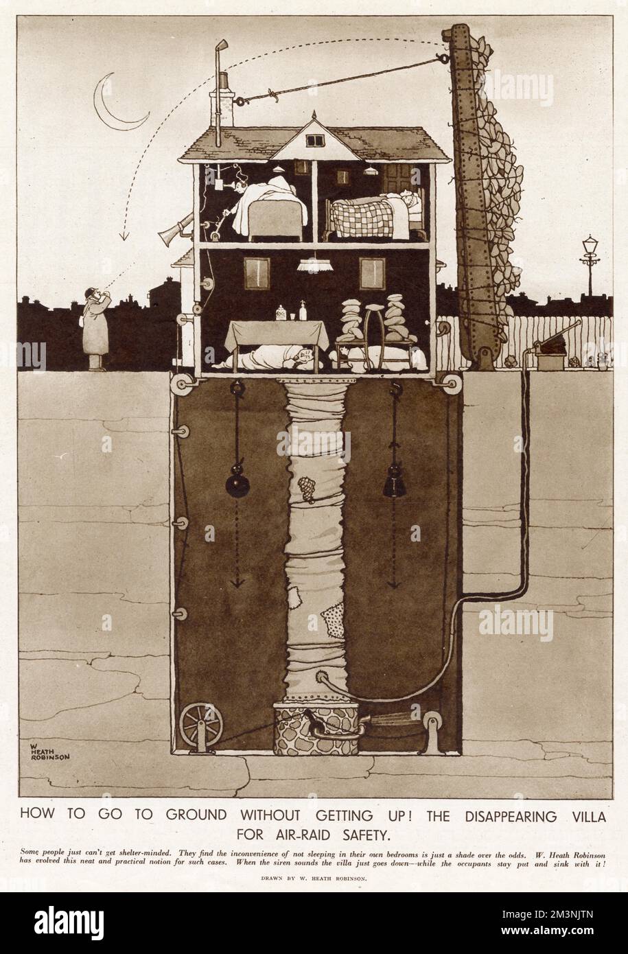 William Heath Robinson suggestion of not leaving your bed at night when the siren sounds for an air-raid, just pull a lever and the whole house will go underground. Stock Photo