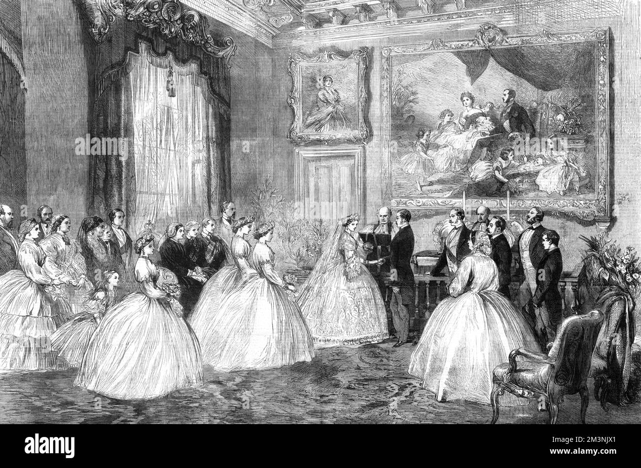 The marriage of Princess Alice, third child and second daughter of Queen Victoria, to Prince Louis of Hesse-Darmstadt, in the dining room of Osborne House, the Royal residence on the Isle of Wight. Between the announcement of their engagement and the wedding itself, the Prince Consort, Albert, had died in December 1861, and the subsequent long period of mourning overshadowed the ceremony, a mood not helped by dreary weather on the day. Above the altar is the celebrated painting by Winterhalter of Queen Victoria, Albert and the Royal children, and above the doorway to the left is a portrait of Stock Photo