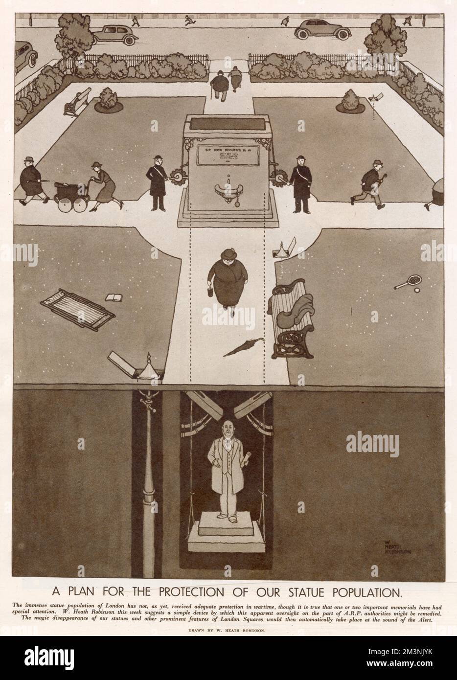 As a precaution against possible bombing precious art, relics, sculptures and memorials where moved out of London to a secret place. This was given to the Nation by the National Art Collections Fund. Illustration by William Heath Robinson of an alternative method of protection, a simple devise by which when alert is sounded the statue is lowered beneath the ground. Stock Photo