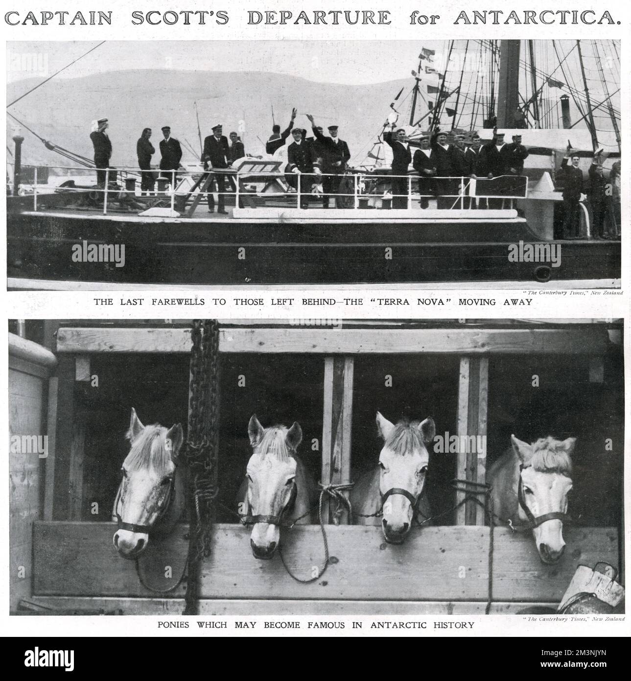 Two photographs reporting the departure of Captain Scott and his team on board the Terra Nova, bound for Antarctica where they would attempt to reach the South Pole first.  Top picture shows the crew on board waving to those they were leaving behind.  The bottom picture shows the Siberian ponies taken by Scott to haul supplies.  Scott's predominant use of ponies and motor sledges over dogs (used by the successful Norwegian, Amundsen) is cited as one of the reasons Scott failed in his attempt to reach the South Pole first.     Date: 1911 Stock Photo