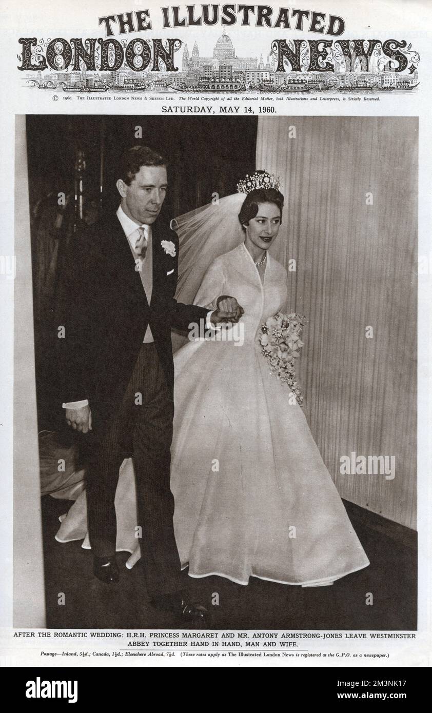 Inner front cover of The Illustrated London News Royal Wedding Number commemorating the marriage of Princess Margaret to Anthony Armstrong Jones at Westminster Abbey on 6 May 1960.  The cover features the newlywed couple leaving Westminster Abbey as husband and wife with Princess Margaret in her stunningly simple Norman Hartnell wedding gown.     Date: 1960 Stock Photo