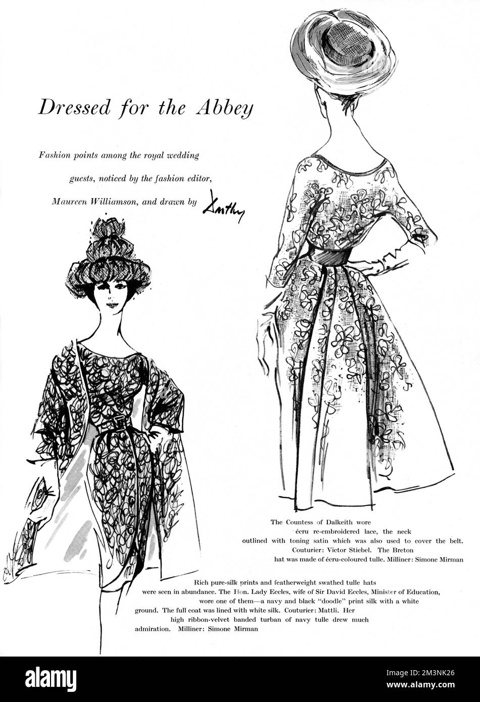 Fashions among the royal wedding guests at the marriage of Princess Margaret to Anthony Armstrong Jones (Earl Snowdon) on 6 May 1960 at Westminster Abbey.  On the left, the Hon, Lady Eccles, wife of Sir David Eccles, Minister for Education, wore a navy and black doodle print silk dress and duster coat lined with white silk by Mattli.  Her high ribbon velvet banded turban of navy tulle by Simone Mirman drew much admiration.  On the right, the Countess of Dalkeith wore an ecru re-embroidered lace dress, the neckline outlined with toning satin which was also used to cover the belt by Victor Stieb Stock Photo