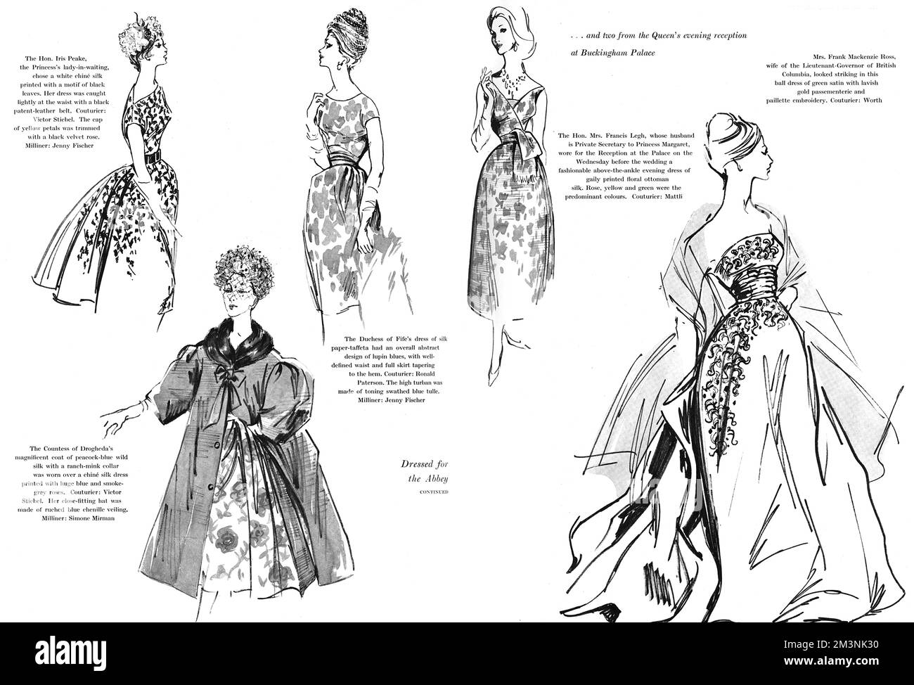 A selection of fashions worn at the wedding and a (pre-wedding evening reception) of Princess Margaret to Anthony Armstrong Jones on 6 May 1960.  From left, the Hon. Iris Peake, the Princess's lady-in-waiting wearing a white chine silk dress printed with a motif of black leaves, caught lightly at the waist with a patent leather belt - by Victor Stiebel.  The cap of yellow petals, trimmed with a black velvet rose is by Jenny Fischer.  Middle left: the Countess of Drogheda in a magnificent coat of peacock blue wild silk with ranch mink collar worn over a chine silk dress printed with huge blue a Stock Photo