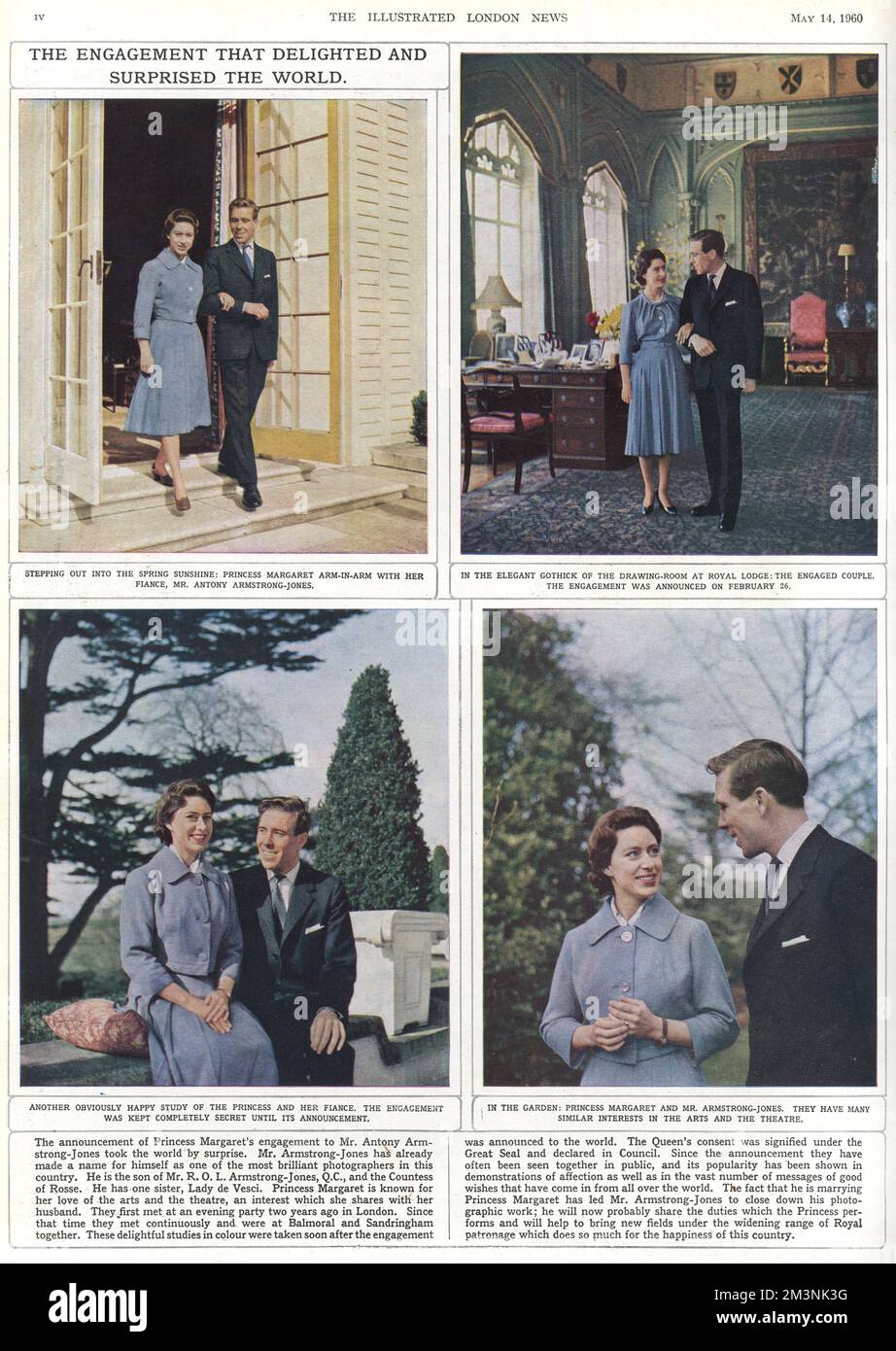 Page of pictures from the Illustrated London News Royal Wedding Number commemorating the marriage of Princess Margaret to Anthony Armstrong Jones, showing the couple's official engagement photographs.     Date: 1960 Stock Photo
