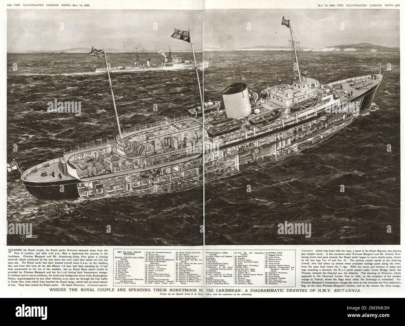 A diagrammatic drawing of H.M.V Britannia, the royal yacht, first launched in 1953 and decommissioned in 1997.  Featured in the Royal Wedding Number of The Illustrated London News in May 1960 as it was where the newly wed Princess Margaret and Anthony Armstrong Jones spent their honeymoon, sailing around the Caribbean.     Date: 1960 Stock Photo