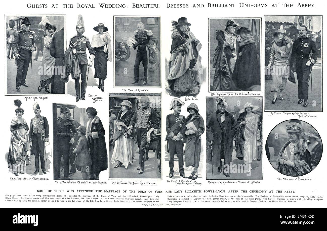 A spread from The Sketch magazine with photographs depicting some of the guests attending the wedding of Prince Albert, Duke of York and Lady Elizabeth Bowes-Lyon at Westminster Abbey on 26 April 1923.  On the let hand page are former and future Prime Ministers, Mr Asquith, Mr Churchill and Mr Lloyd George.  Interestingly, Earl and Countess Spencer, the grandparents of the future Diana, Princess of Wales are shown in the middle top picture. On the right are other society figures and members of the aristocracy including the Duchess of Devonshire, the Postmaster-General, Sir Joynson Hicks and La Stock Photo