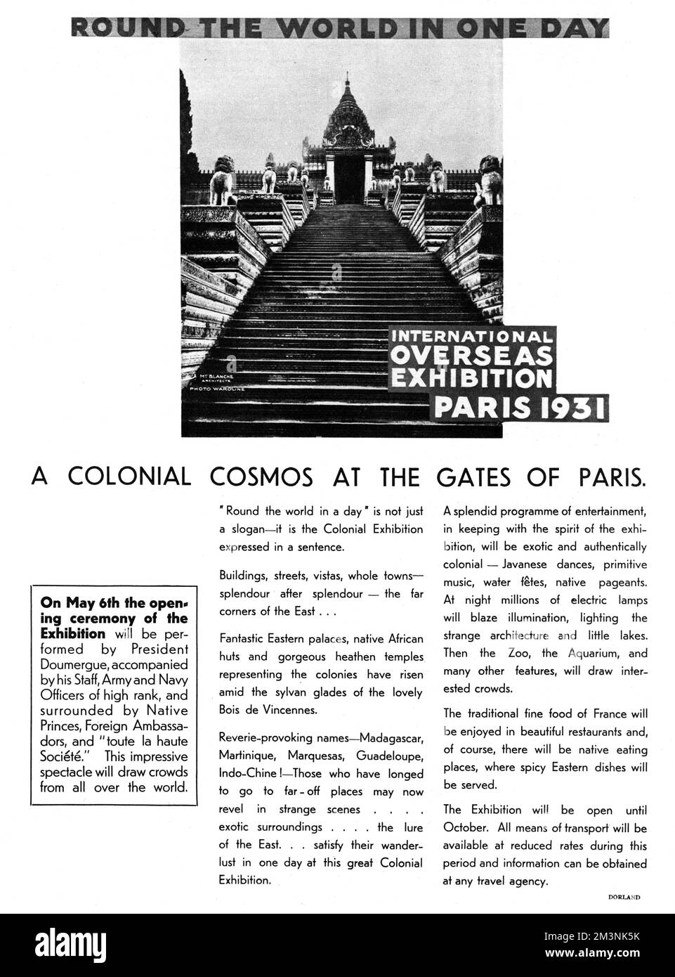 'Round the World in One Day'  An advertisment for the International Colonial Exhibition (exposition coloniale) held in Paris from May to October 1931. The purpose was to showcase the peoples, architecture and culture of French colonial possessions from around the world.     Date: 1931 Stock Photo