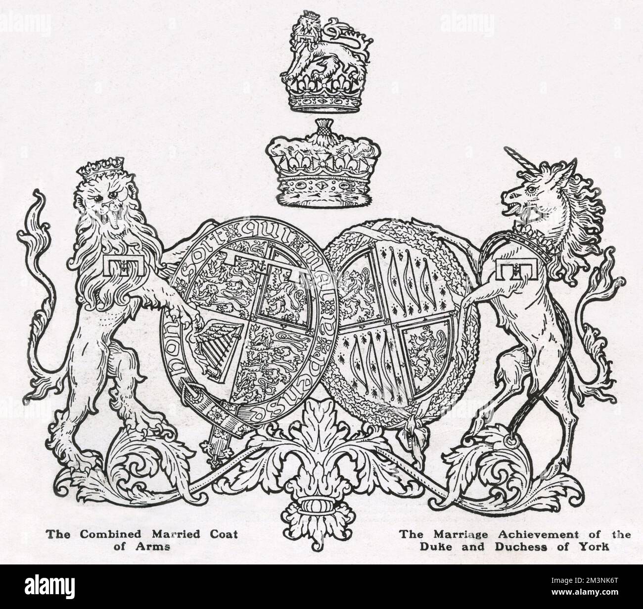 The combined married coat of arms of the Duke and Duchess of York, showing the conjoined arms of the Windsor and Strathmore families.  On the dexter side we see the Duke's arms encircled by a wreath of oak leaves to make the design balance.  Above the two shields is the Duke's coronet, surmounted by his royal crest.  The two shields are enclosed by his supporters, the lion and the unicorn.       Date: 1923 Stock Photo