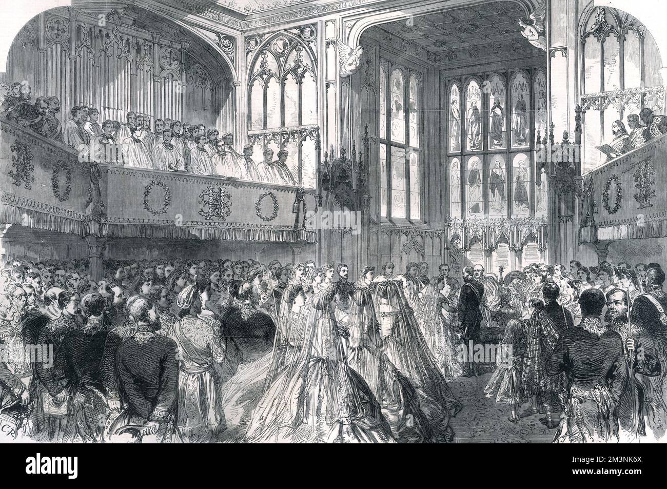 The marriage of Queen Victoria's third daughter, Princess Helena, to Prince Christian of Schleswig-Holstein from Germany. They married in the private chapel, Windsor Castle on the 5th July 1866.     Date: 1866 Stock Photo