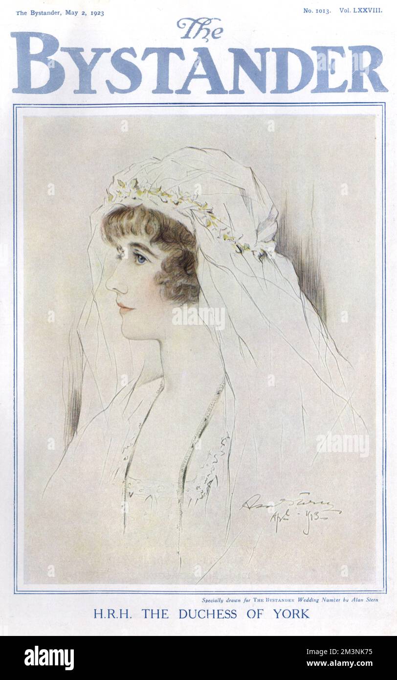 Lady Elizabeth Angela Margeurite Bowes-Lyon (1900 - 2002), Duchess of York, later Queen Elizabeth, the Queen Mother, specially drawn for The Bystander Wedding Number by Alan Stern in her bridal veil.  She married Prince Albert, Duke of York at Westminster Abbey on 26 April 1923.     Date: 1923 Stock Photo