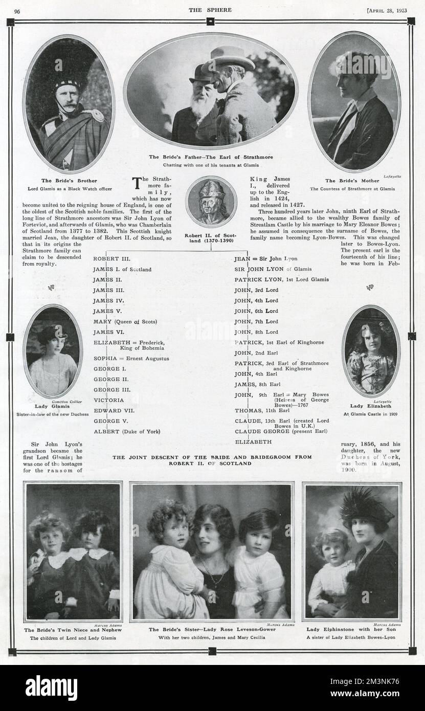 Page from The Sphere showing the joint descent of Prince Albert, Duke of York and Lady Elizabeth Bowes-Lyon who married at Westminster Abbey on 26 April 1923.  Pictures of the bride's family show Earl and Countess Strathmore, her mother and father, her brother, Lord Glamis, and her sister-in-law, Lady Glamis, her twin niece and nephew, Timothy and Nancy and her two sisters, Lady Rose Leveson-Gower and Lady Elphinstone.     Date: 1923 Stock Photo