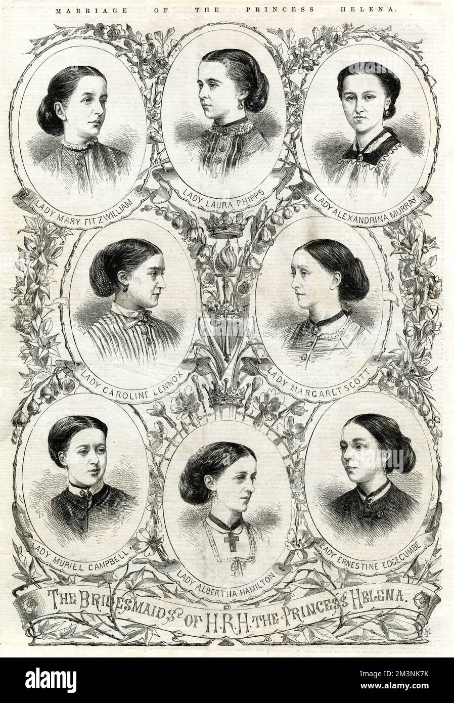 The eight bridesmaids in attendance at Princess Helena's wedding to Prince Christian of Schleswig-Holstein on the 5th July 1866. Clockwise from top left: 1. Lady Mary Fitzwilliam; 2. Lady Laura Phipps; 3. Lady Alexandrina Murray; 4. Lady Caroline Lennox; 5. Lady Margaret Scott; 6. Lady Muriel Campbell; 7. Lady Albertha Hamilton; 8. Lady Ernestine Edgecumbe.     Date: 1866 Stock Photo