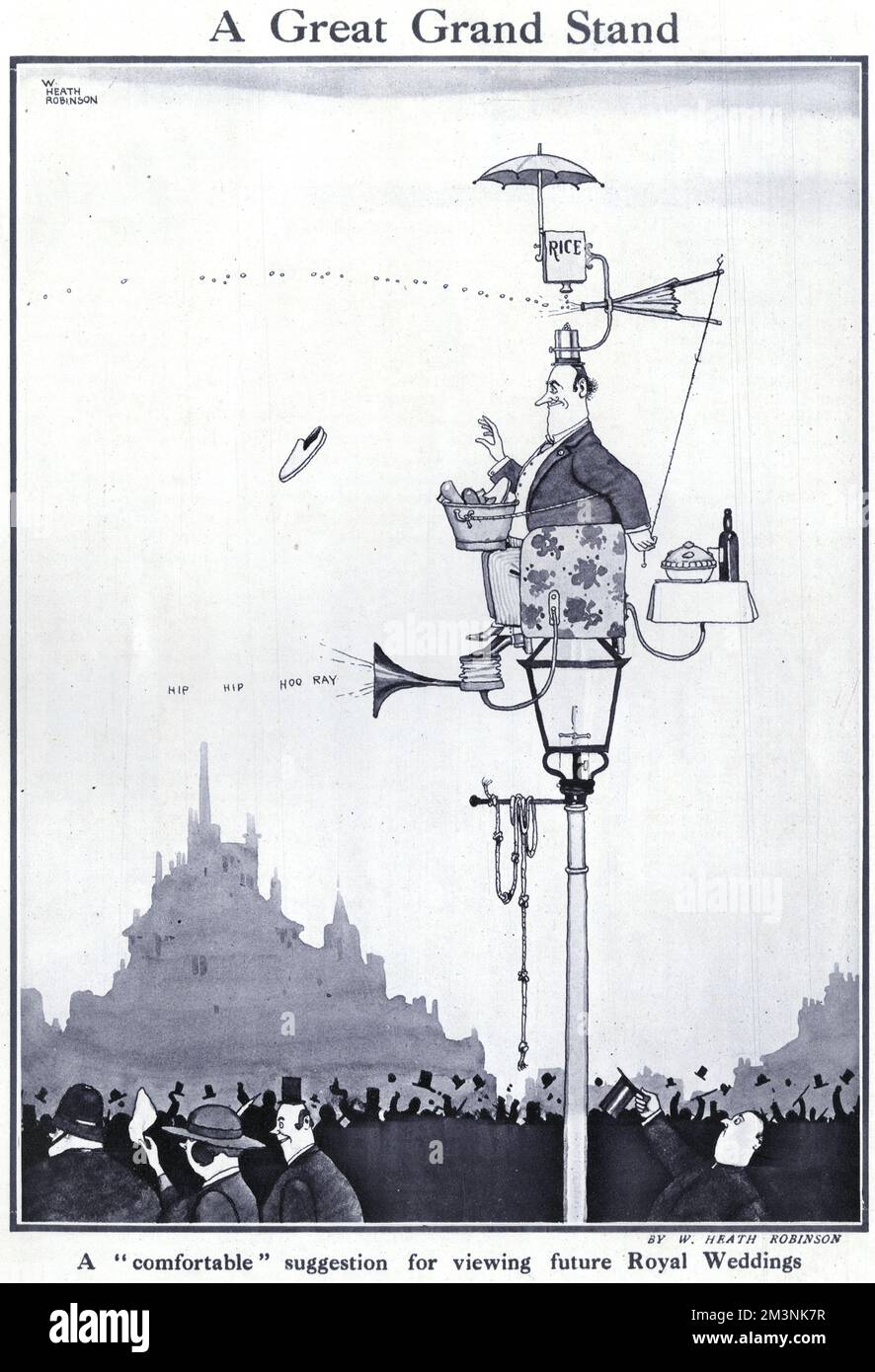 A Great Grand Stand.  A comfortable suggestion for viewing future Royal Weddings by William Heath Robinson.  An onlooker manages to balance a cosy armchair on top of a lamp post complete with rice throwing machine, a parasol (or umbrella), megaphone and a tasty pie and bottle of wine for sustenance.  Published in The Bystander Royal Wedding Number, celebrating the marriage of the Duke of York to Lady Elizabeth Bowes-Lyon in 1923.     Date: 1923 Stock Photo