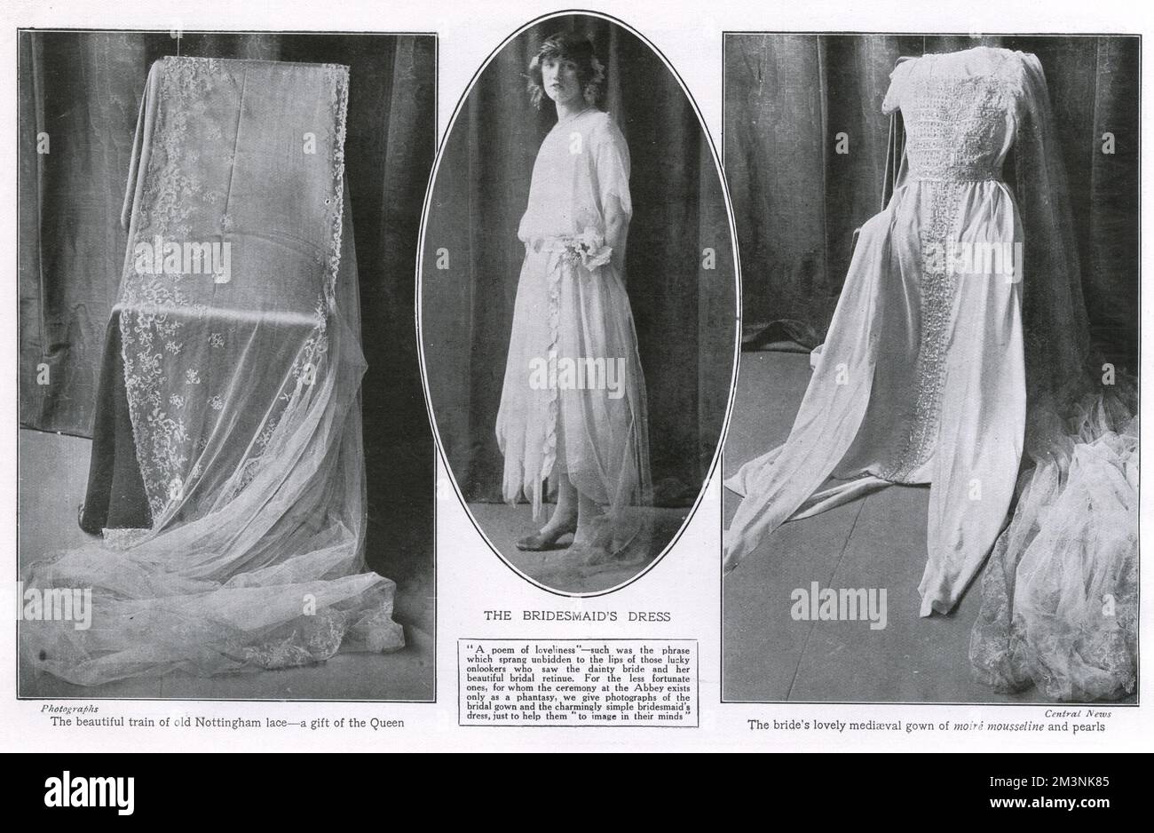 Photographs of the bridal gown and bridesmaid's dress worn at the wedding of Prince Albert, Duke of York to Lady Elizabeth Bowes-Lyon at Westminster Abbey on 26 April 1923.  The wedding dress, designed by Handley Seymour was medieval in style, of moire mousseline with a knife pleated train and centred silver lame, stiffly fringed with pearls and silver beads.  The train of old Nottingham lace was a gift from Queen Mary.  The bridesmaid dresses were of ivory chiffon over crepe de Chine with floating panels of chiffon, appliqued leaves of silver lame and girdled silver foliage, caught at one sid Stock Photo