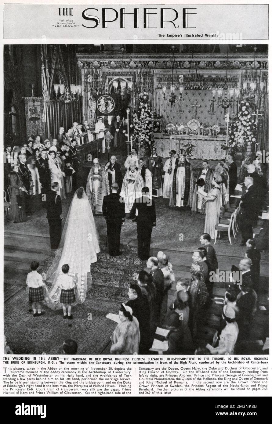 Inner front cover of The Sphere Royal Marriage Number, showing the scene in Westminster Abbey with Princess Elizabeth and Lieutenant Philip Mountbatten standing within the Sanctuary during the solemnisation at the High Altar, conducted by the Archbishop of Canterbury.       Date: 1947 Stock Photo