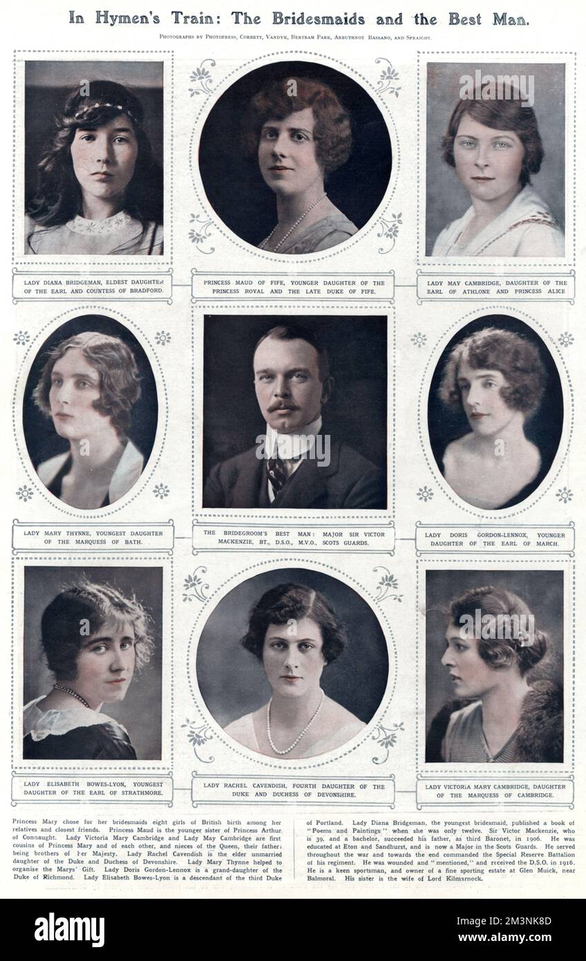 In Hymen's Train : The Bridesmaids and the Best Man for the wedding of Princess Mary, Princess Royal, with Henry, Viscount Lascelles, later the 6th Earl of Harewood. The bridesmaids included Lady Elizabeth Bowes-Lyon, later the Queen Mother (pictured lower left).     Date: 1922 Stock Photo