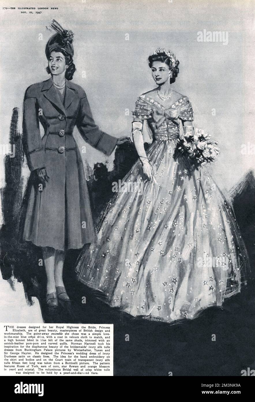 Princess Elizabeth's going-away outfit; a love-in-the-mist blue crepe dress with a coat in velours cloth to match and a high bonnet beret in blue felt of the same shade trimmed with ostrich feather pom pom and curved quills.  Norman Hartnell's bridesmaid dresses of ivory silk tulle were inspired by the paintings by Winterhalter, Tuxen and Sir George Hayter hanging in Buckingham Palace.     Date: 1947 Stock Photo