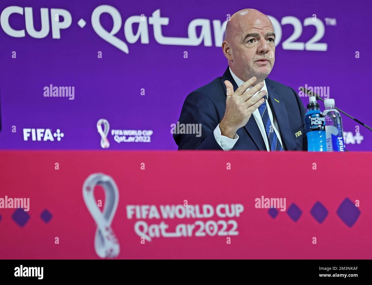 Doha, Qatar. 16th Dec, 2022. 2022 FIFA World Cup Press Conference before  Final Games Dec 16th. Gianni Infantino, President of FIFA speaking to the  press Credit: Action Plus Sports Images/Alamy Live News