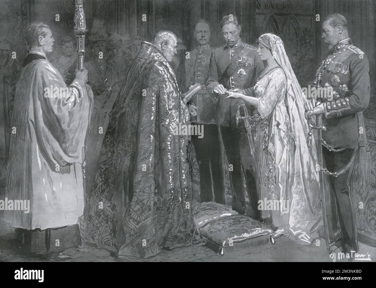 The marriage of Princess Mary, only daughter of King George V and Queen Mary, later Princess Royal and Countess of Harewood, to Henry, Viscount Lascelles, later 6th Earl of Harewood, in Westminster Abbey on 28th February 1922. Lord Lascelles places the ring on the Princess's finger in front of the Archbishop of Canterbury, Randall Davidson. George V stands on the right of the picture.     Date: 28th February 1922 Stock Photo