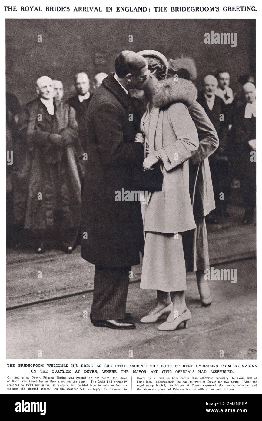 Prince George, Duke of Kent welcomes his bride-to-be, Princess Marina of Greece to England with a spontaneous kiss in front of the assembled crowd of press and dignitaries at Dover.  The couple were married at Westminster Abbey on 29 November 1934.     Date: 1934 Stock Photo