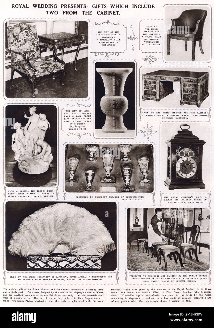 A page from The Illustrated London News showing some of the gifts received by Prince George, Duke of Kent and Princess Marina of Greece on the occasion of their marriage on 29 November 1934.  Presents seen here include a figurine in Sevres porcelain from the French president, a magnificent ostrich feather fan from the Greek community of Capetown, South Africa and a writing table of English walnut and British Honduras Mahogany from the Prime Minister and the Cabinet.     Date: 1934 Stock Photo