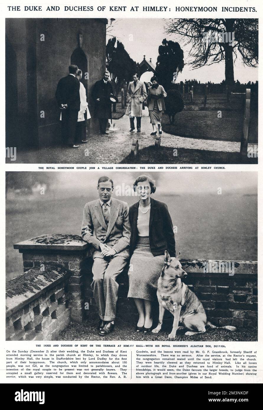 The newly married Duke and Duchess of Kent at Himley where they spent the first part of their honeymoon at Himley Hall, the home of Lord Dudley in Staffordshire.  The top picture shows the newlyweds attending the morning service at the parish church, and the bottom shows them on the terrace at Himley Hall with the Duke's Alsatian dog, Dushka.     Date: 1934 Stock Photo