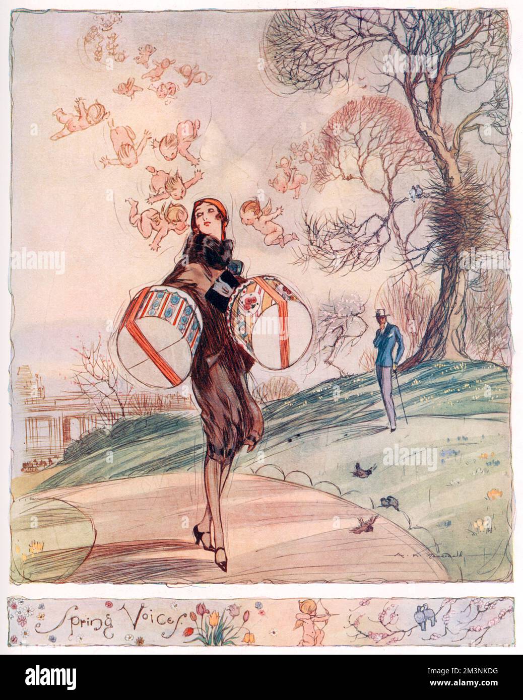 'Spring Voices' by A. K. Macdonald.     A glamorous young lady (taking a stroll through the park on her way home from a serious hat-purchasing spree) hears the voices of cupids telling her to turn her head, to make sure she does miss catching the eye of the tall, handsome gentleman, who stands hand on chin, appraising her every delicate step....     Date: late 18th century Stock Photo