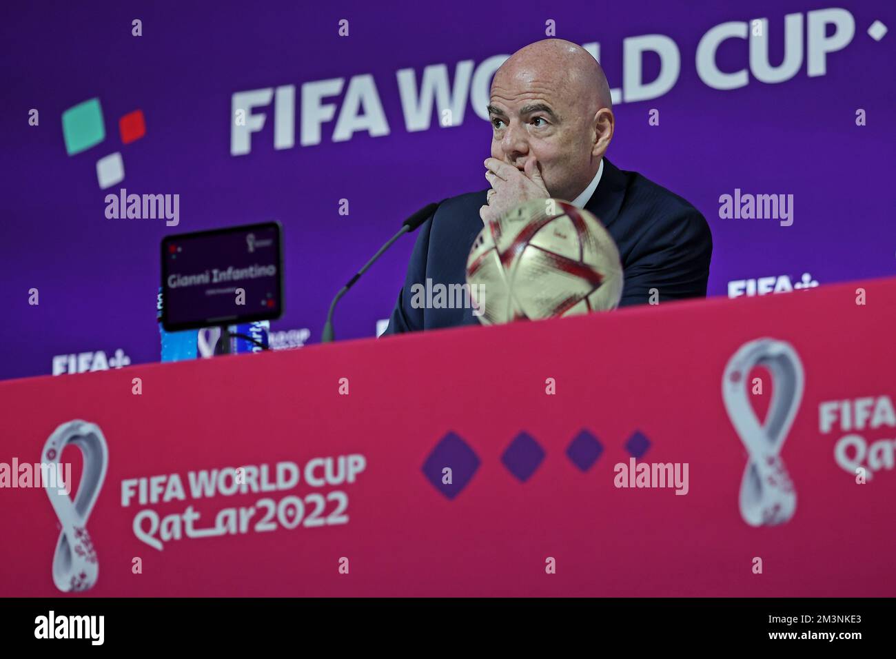 Doha, Qatar. 16th Dec, 2022. 2022 FIFA World Cup Press Conference before  Final Games Dec 16th. Gianni Infantino, President of FIFA speaking to the  press Credit: Action Plus Sports Images/Alamy Live News