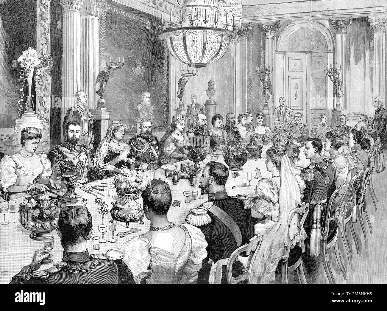 A meal in celebration of the marriage between Princess Victoria Melita of Edinburgh and Prince Ernst Ludwig, Grand Duke of Hesse. The wedding breakfast was held in the throne room of the castle of Ehrenberg, in Coburg. Princess Victoria Melita was daughter of Alfred, Duke of Edinburgh and a granddaughter of Queen Victoria as well as of Tsar Nicholas II of Russia. Her marriage to her paternal first cousin Ernst Ludwig, ended in divorce in 1901.     Date: 1894 Stock Photo