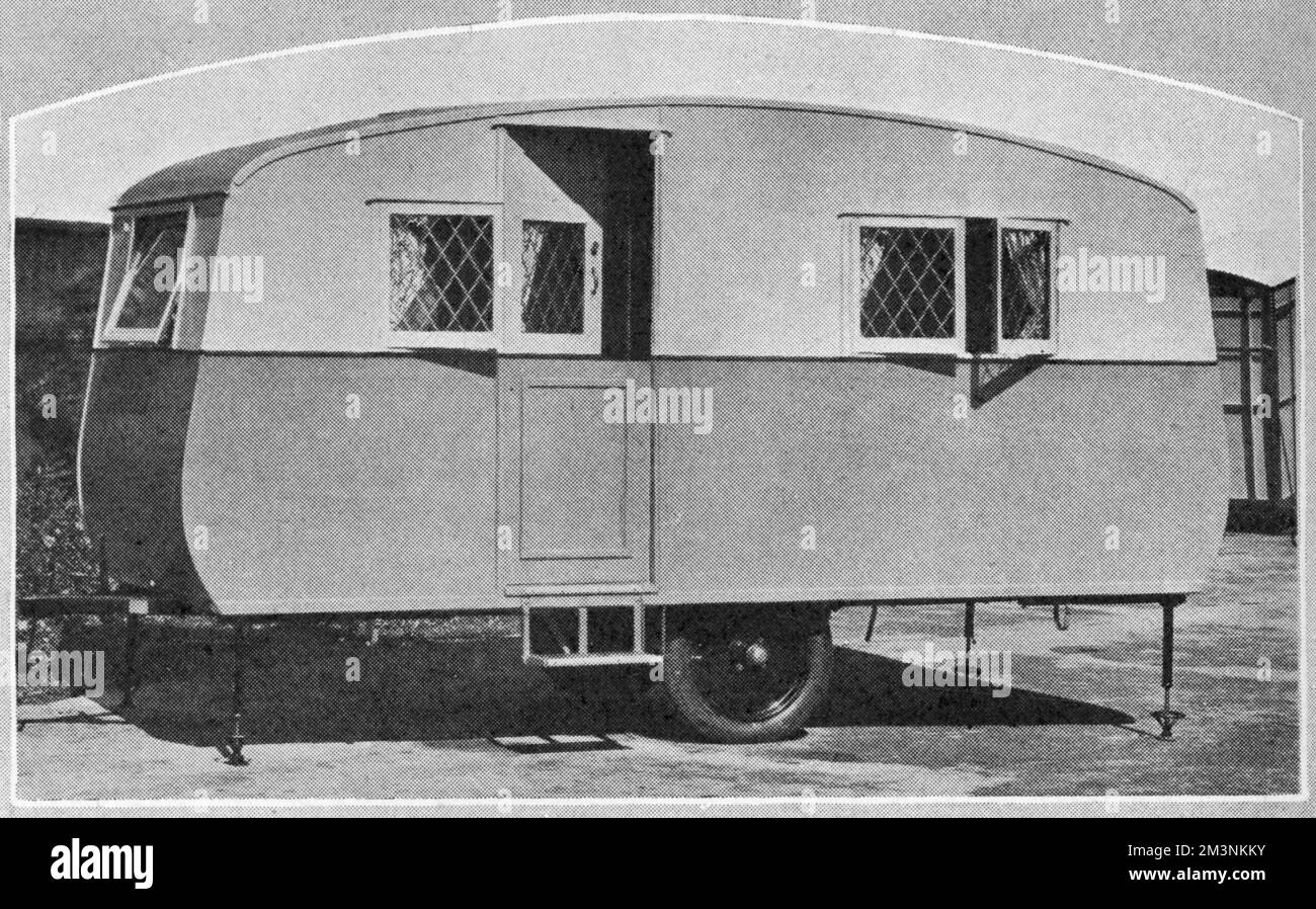 A trailer caravan, built by Eccles Motor Caravans Ltd, designed to accommodate two people and to be trailed behind 7 or 8 h.p cars of the 'baby' type.  For travelling and storage purposes, the upper halves of the sides and ends could be quickly folded down.  All internal equipment was provided.     Date: 1931 Stock Photo
