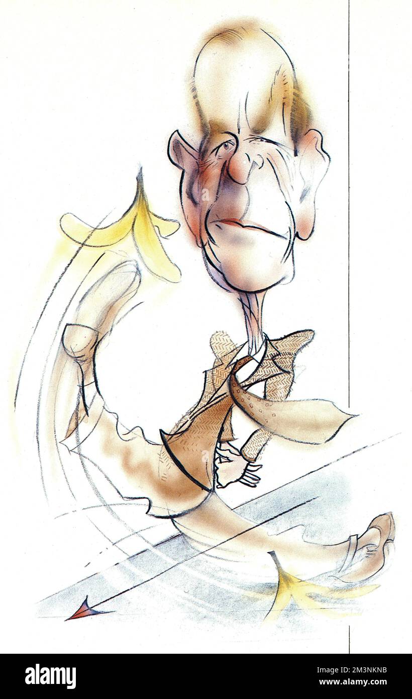 Prince Philip, Duke of Edinburgh (b. 1920) drawn in caricature, slipping on a banana skin - a comment perhaps on his tendency to say the wrong thing at the wrong time. Stock Photo